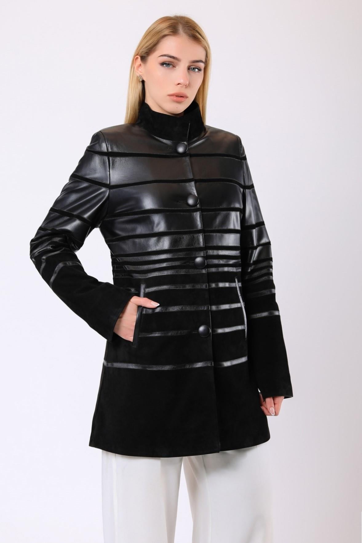 Manteau en daim noir Vivien avec détail ruban, LC Leather Club