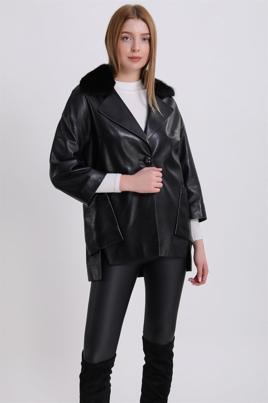 Veste en cuir noire avec garniture fourrure de vison, LC Leather Club