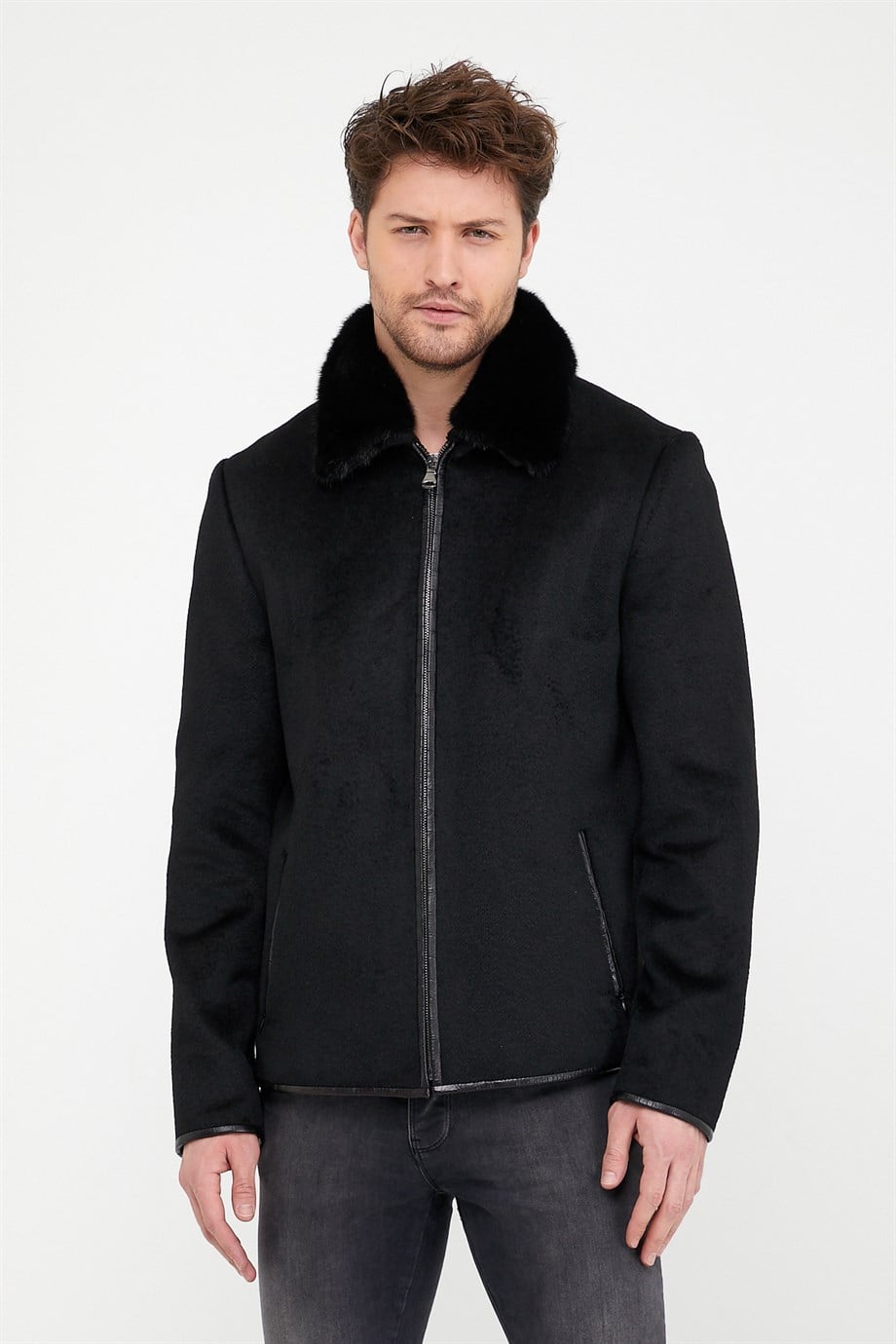 Veste en cachemire noir avec garniture de vison, LC Leather Club