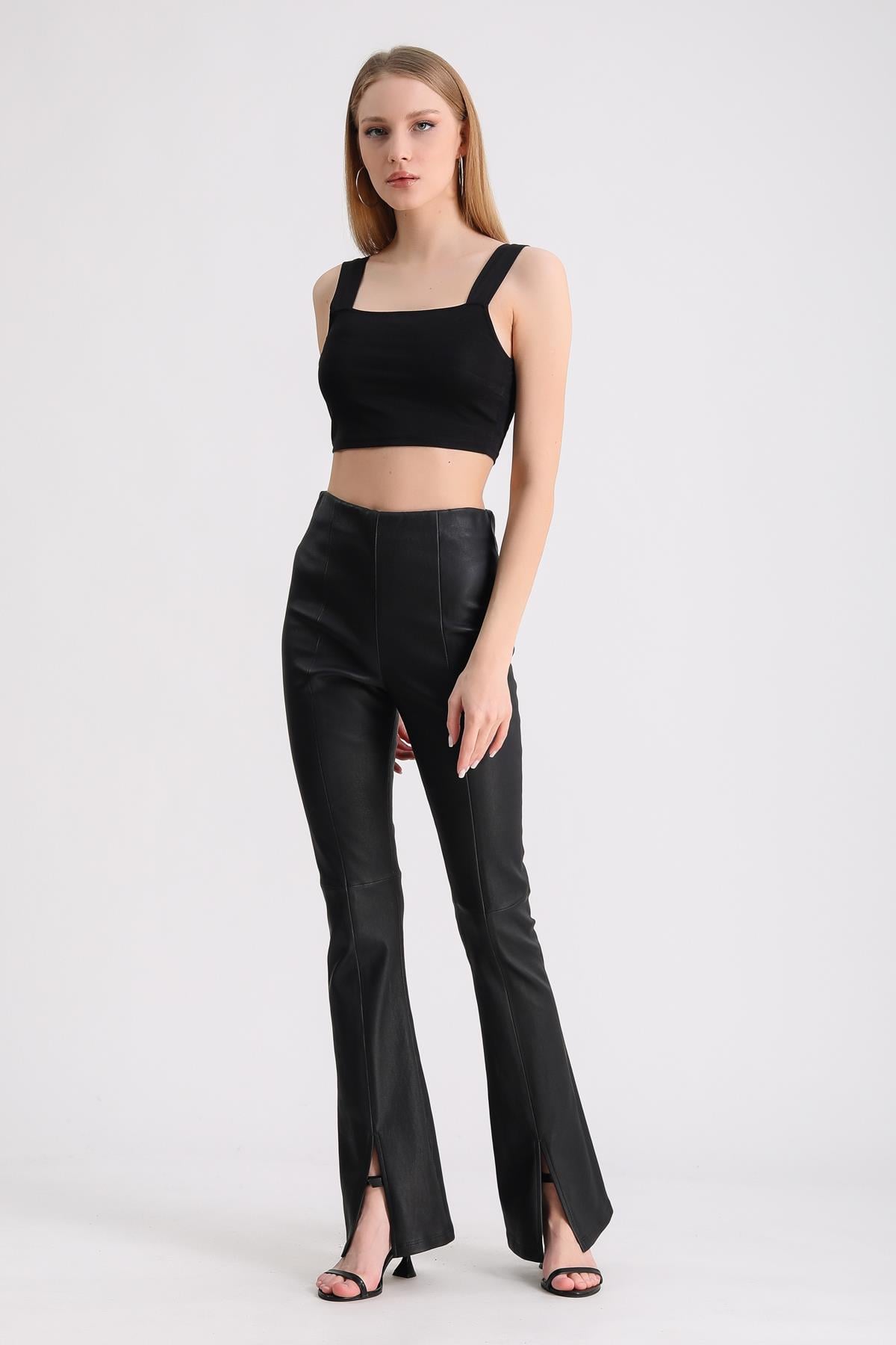 Pantalon en cuir noir déchiré à la cheville, LC Leather Club