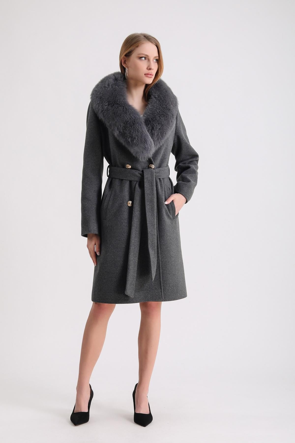 Manteau en cachemire gris froid avec garniture de renard, LC Leather Club