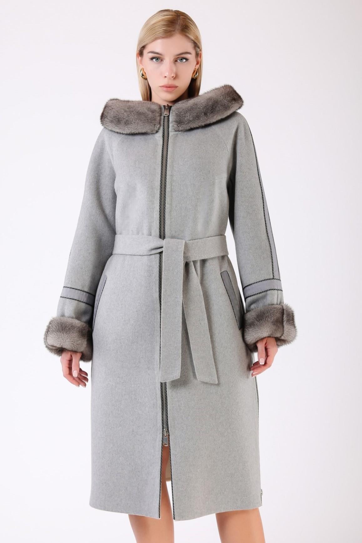 Manteau en alpaga gris froid avec garniture vison, LC Leather Club