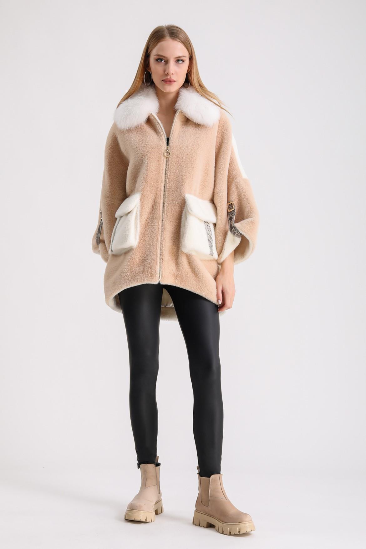 Salmon White Wool Coat with Fox Fur and Python Leather Trim, LC Leather Club