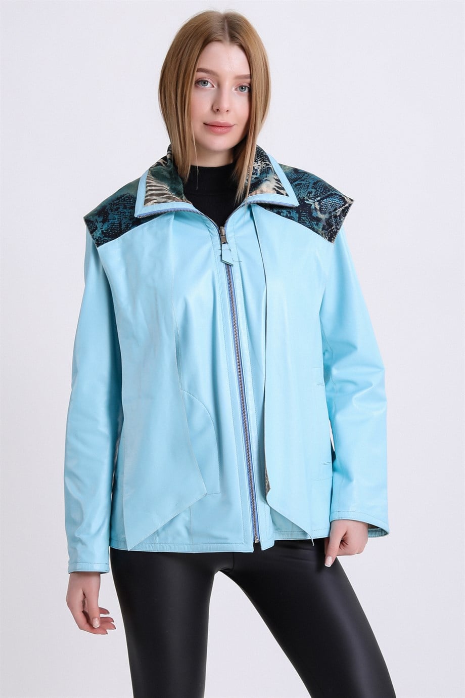 Veste en cuir bleu clair réversible, LC Leather Club