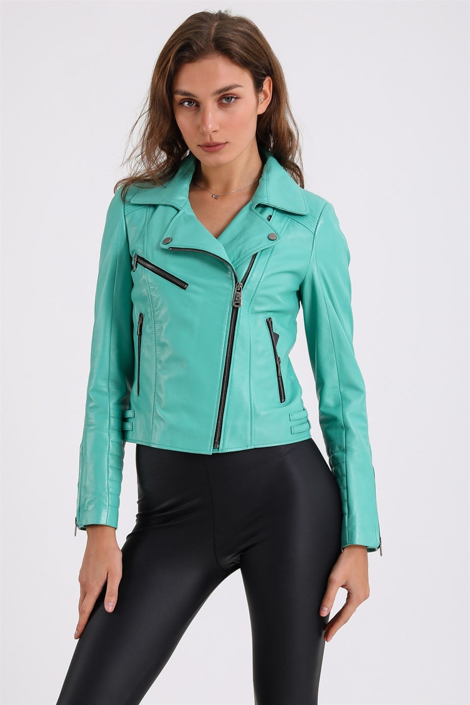 سترة من جلد الغنم خضراء مائية, LC Leather Club
