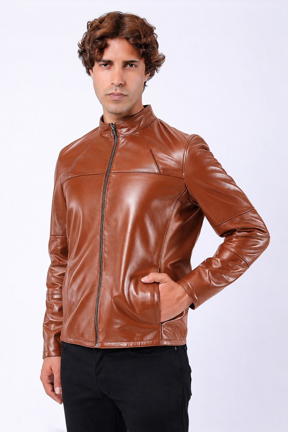 Taba Dik Yaka Çift Taraflı Hakiki Deri Ceket, LC Leather Club