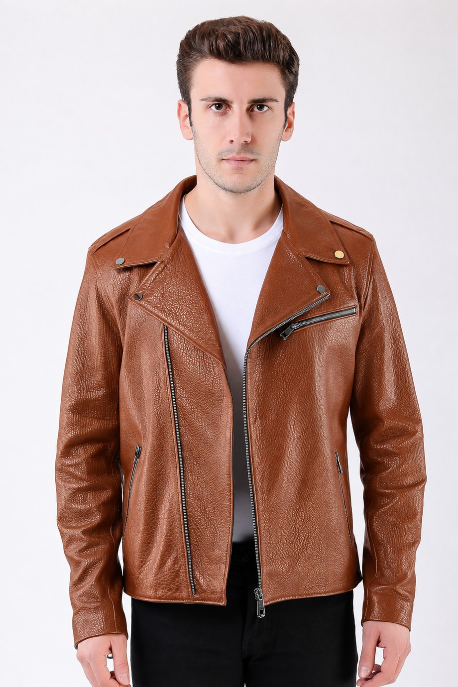 Taba Jumbo Biker Hakiki Deri Ceket, LC Leather Club