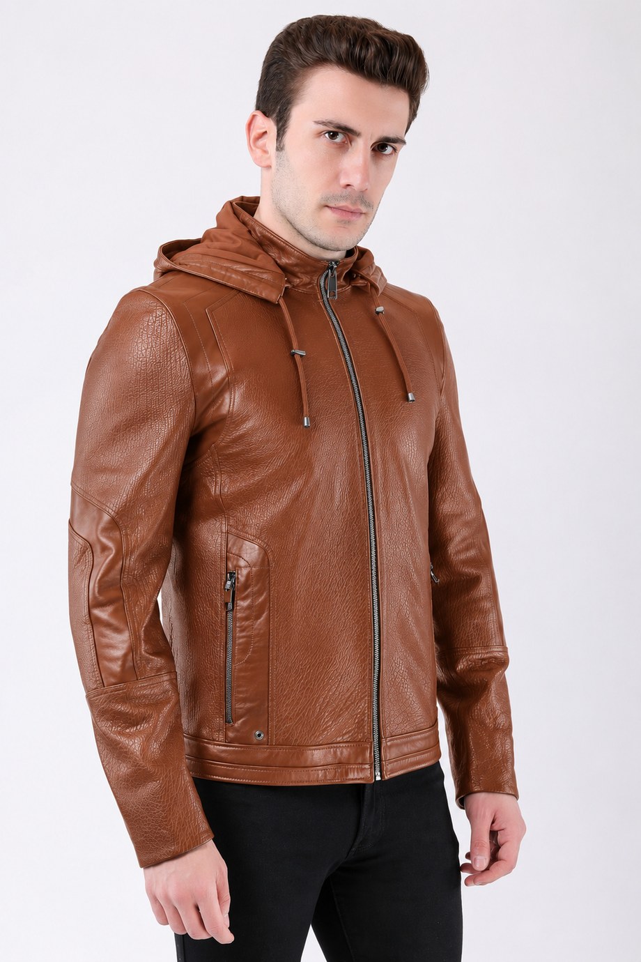 Taba Kapüşonlu Jumbo Hakiki Deri Ceket, LC Leather Club
