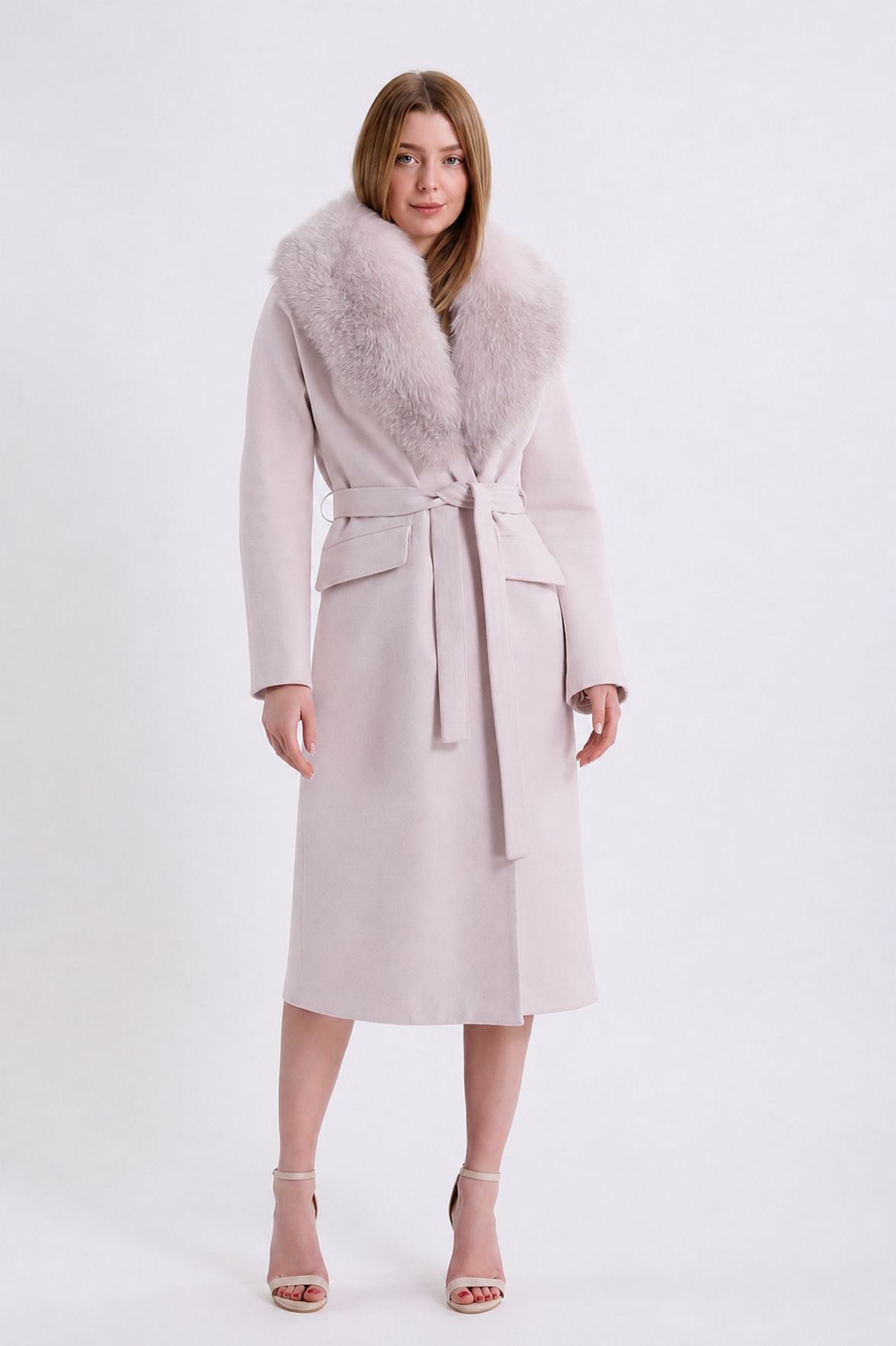 Manteau en cachemire Arjante beige pierre avec finitions en renard, LC Leather Club