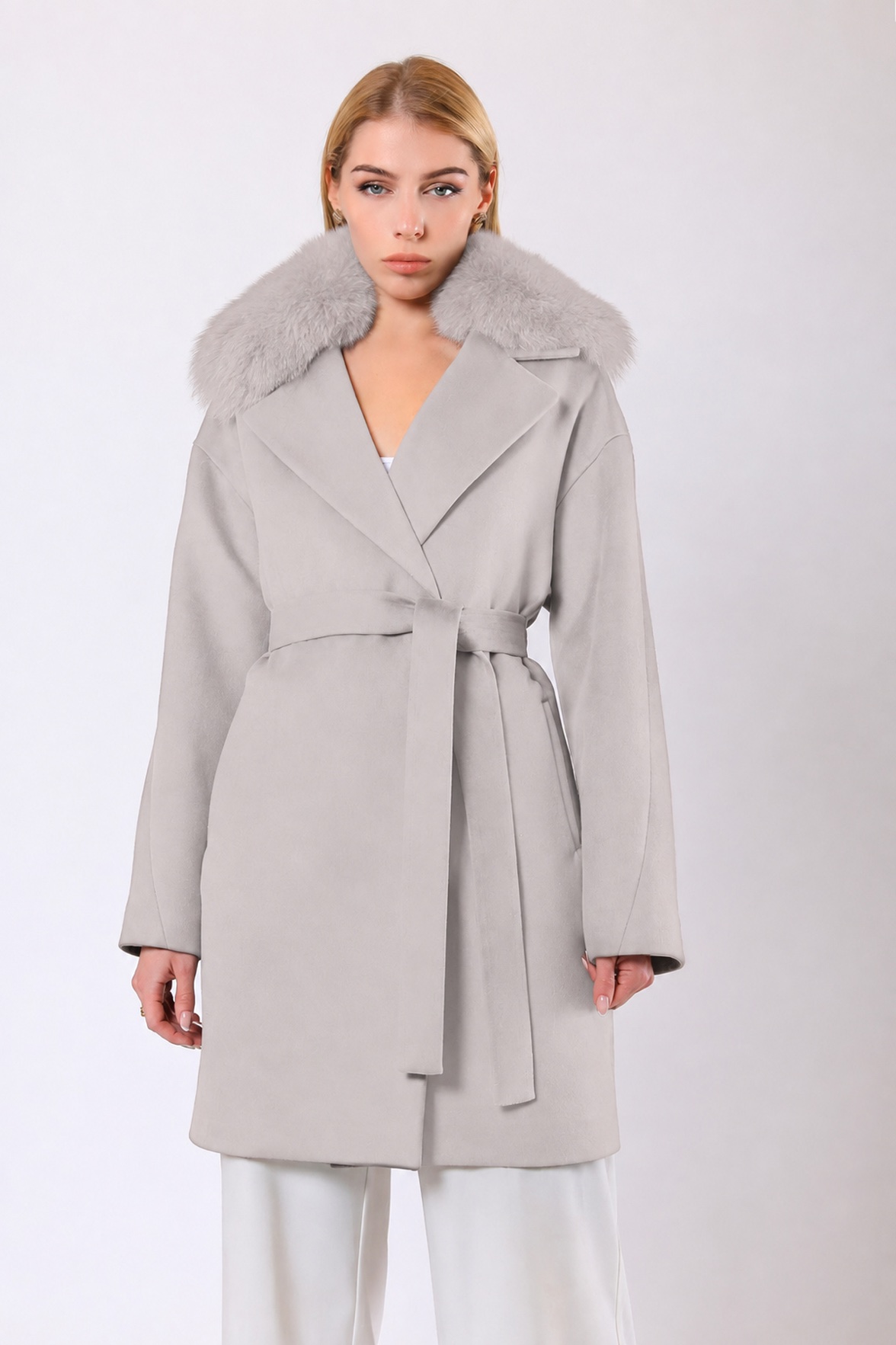 Manteau en cachemire Miranda couleur pierre avec finitions en fourrure, LC Leather Club