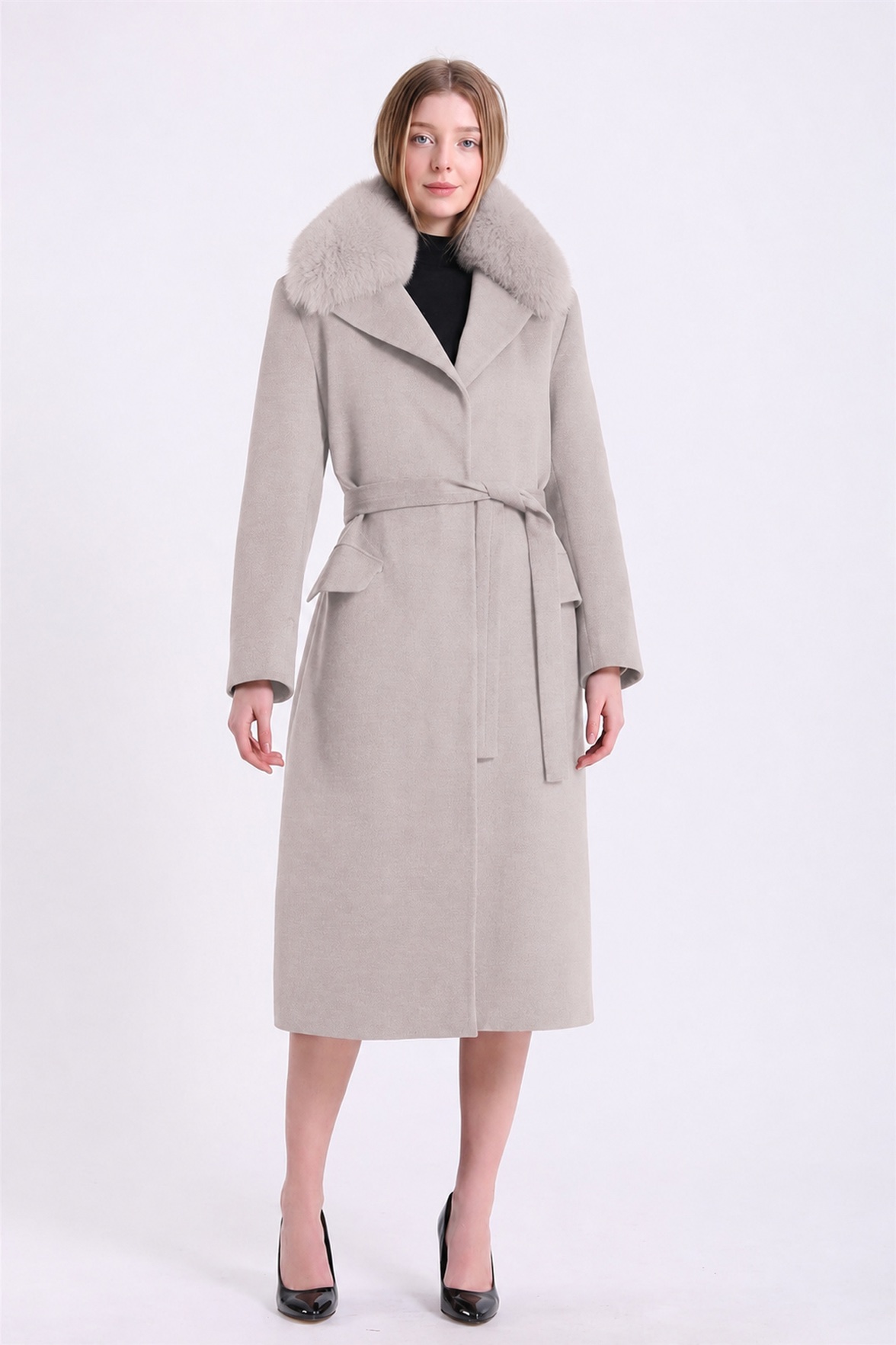Manteau en cachemire couleur pierre avec fitures en renard, LC Leather Club