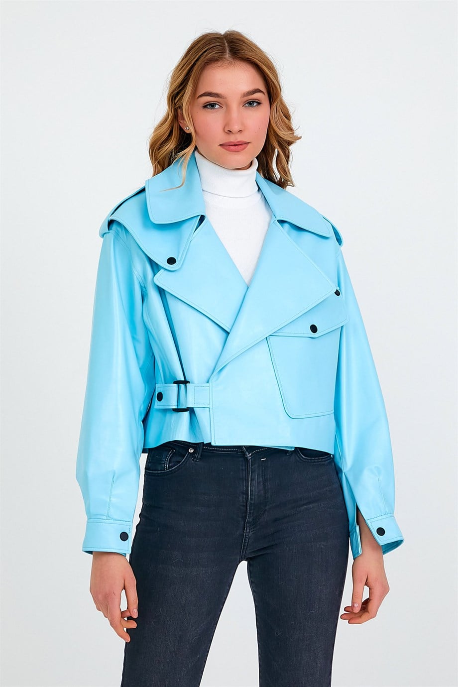 Veste en cuir turquoise Crop, LC Leather Club