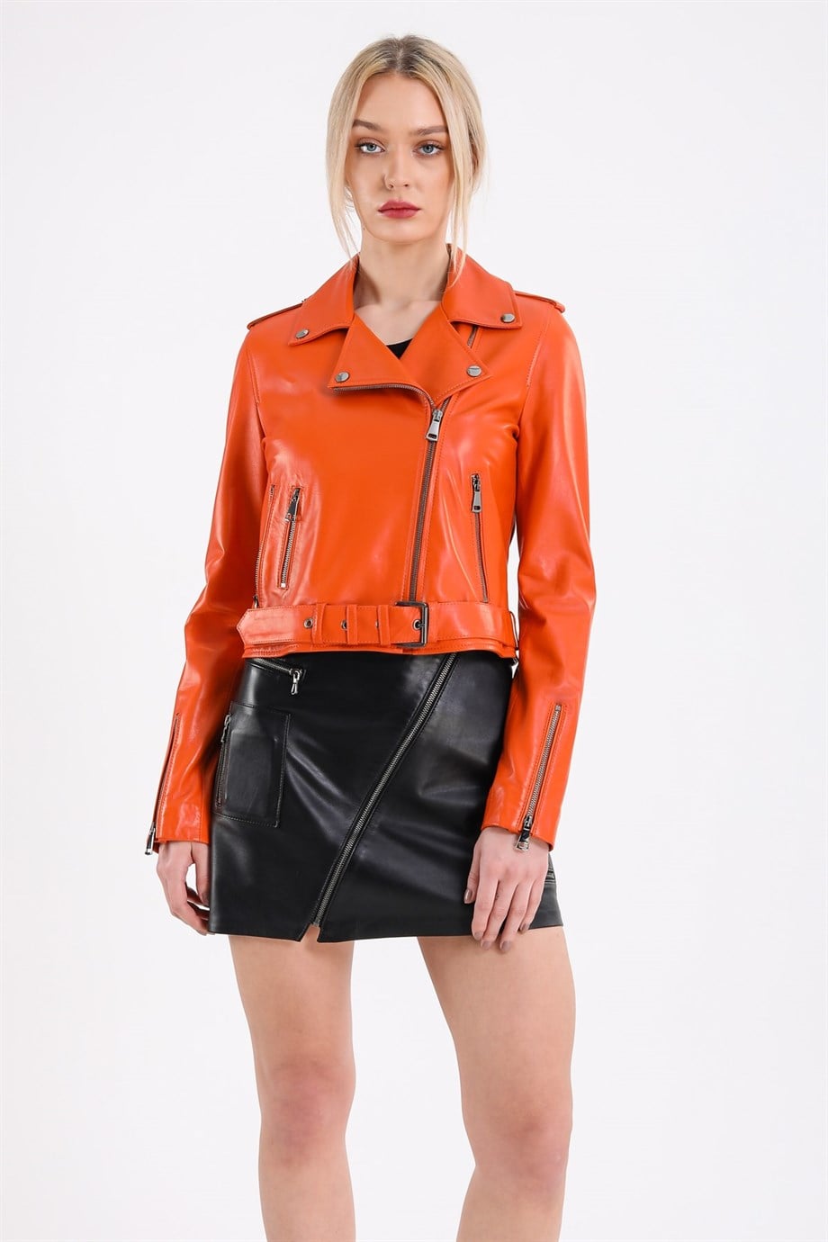 Veste biker en cuir orange, LC Leather Club