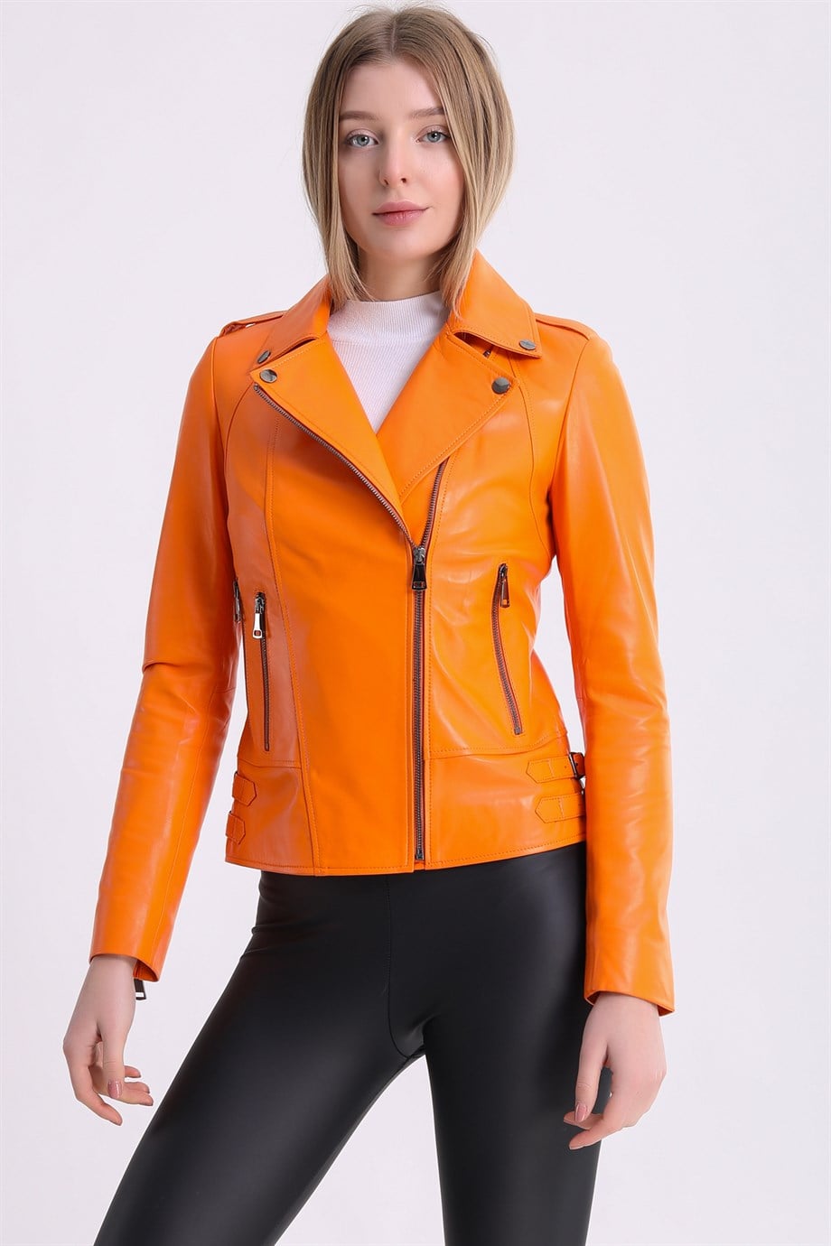 Veste en cuir orange croisée, LC Leather Club