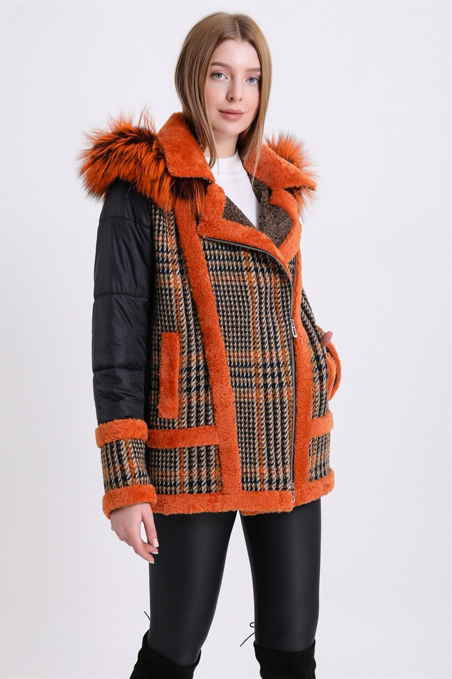Orange Houndstooth Alpaca Coat with Fox Fur Trim, LC Leather Club