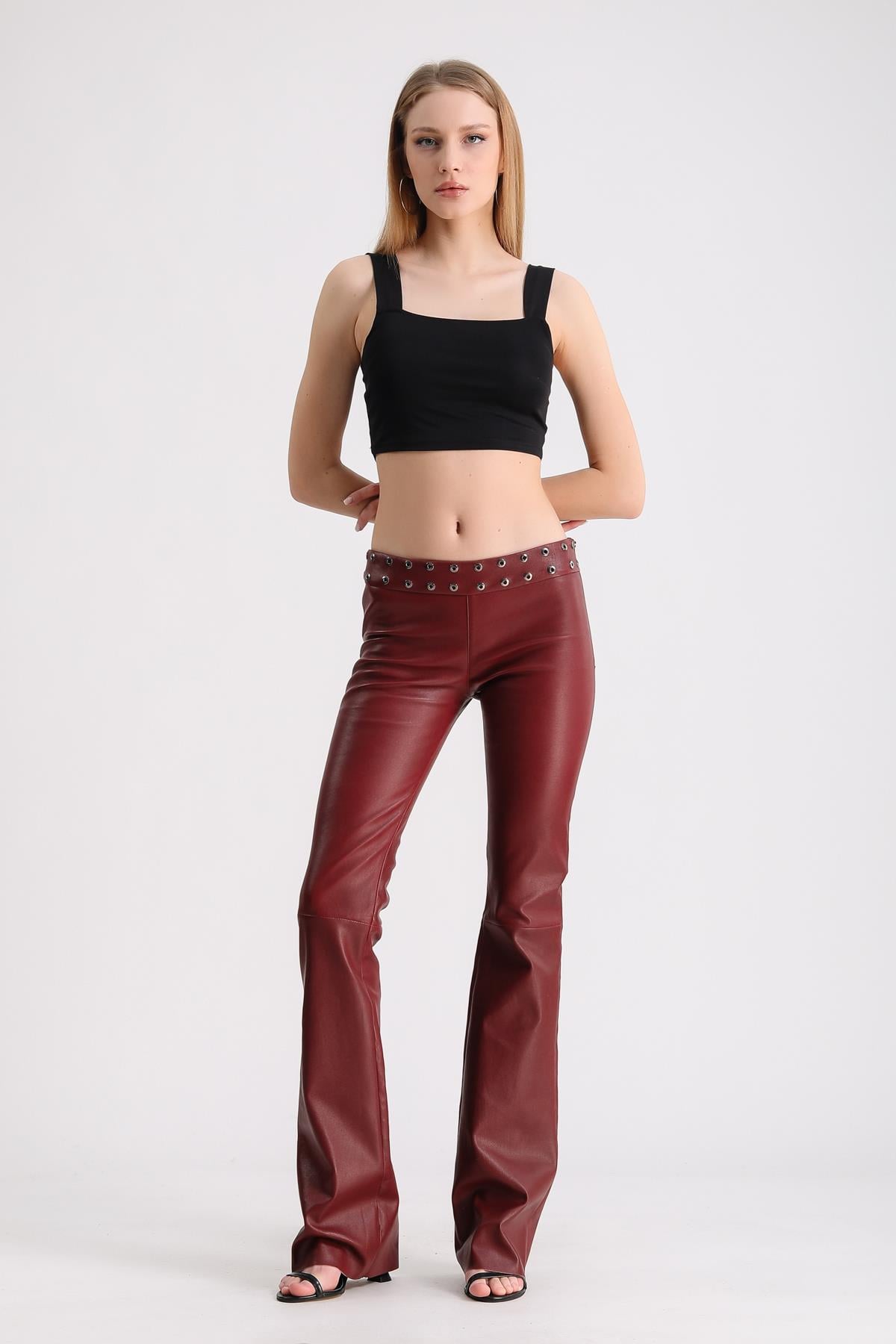Burgundy Studded Leather Trousers, LC Leather Club