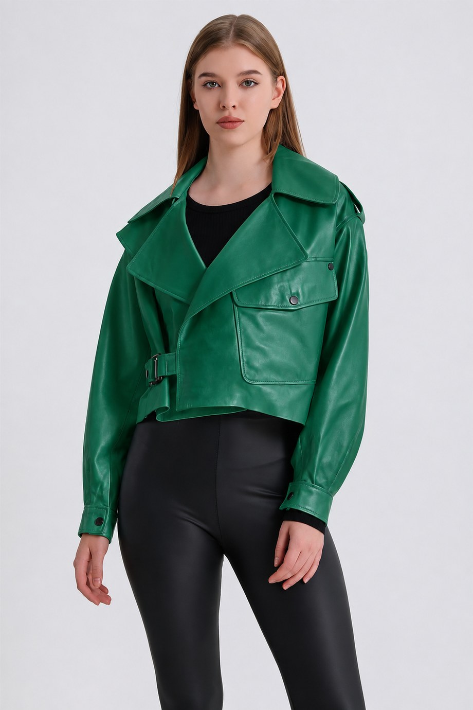 Yeşil Crop Oversize Deri Ceket, LC Leather Club