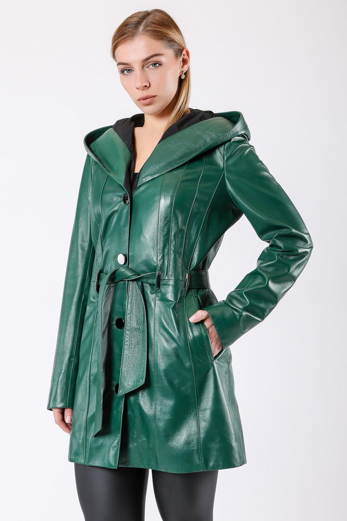 Manteau en cuir à capuche vert, LC Leather Club