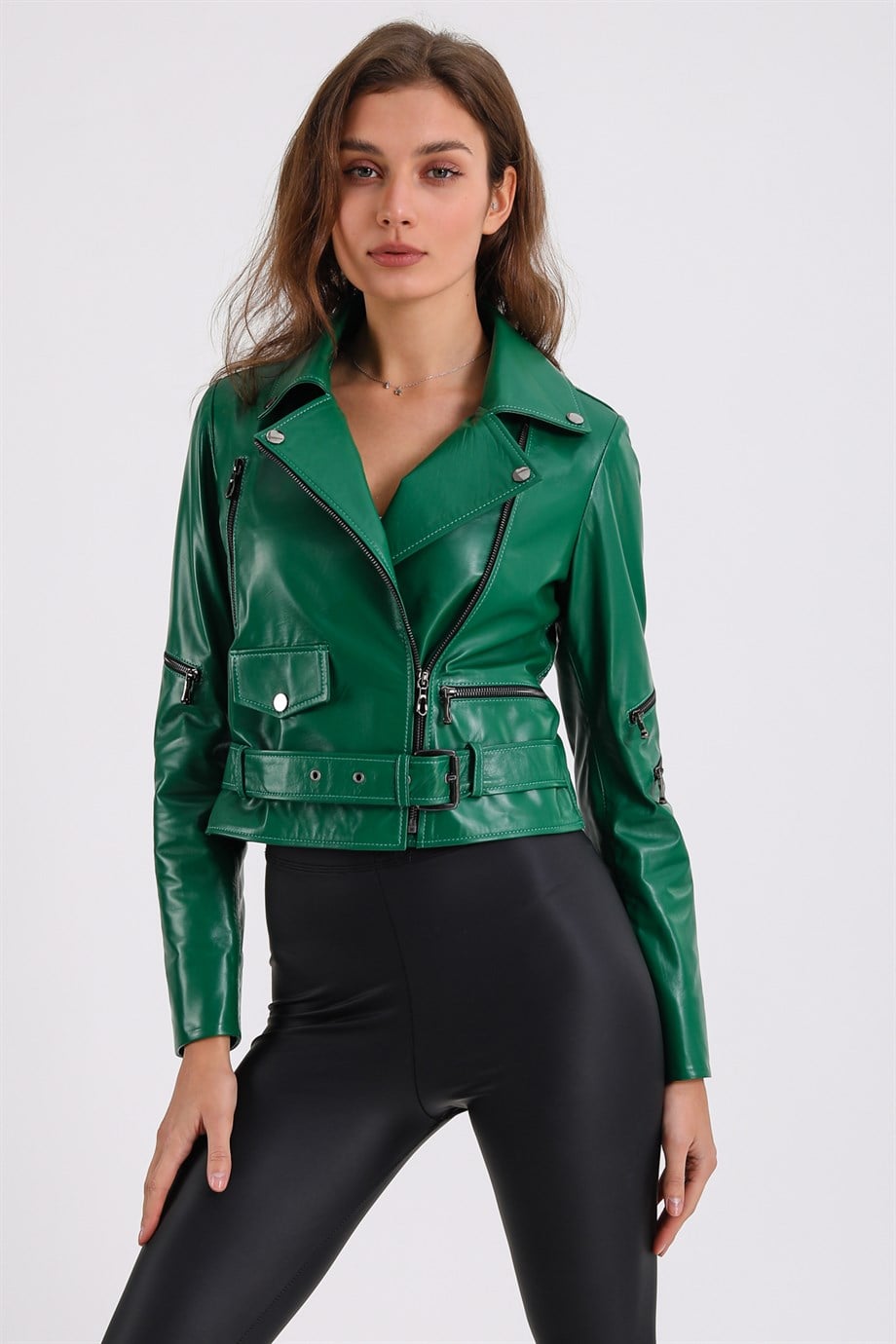 Veste biker croisée en cuir verte, LC Leather Club