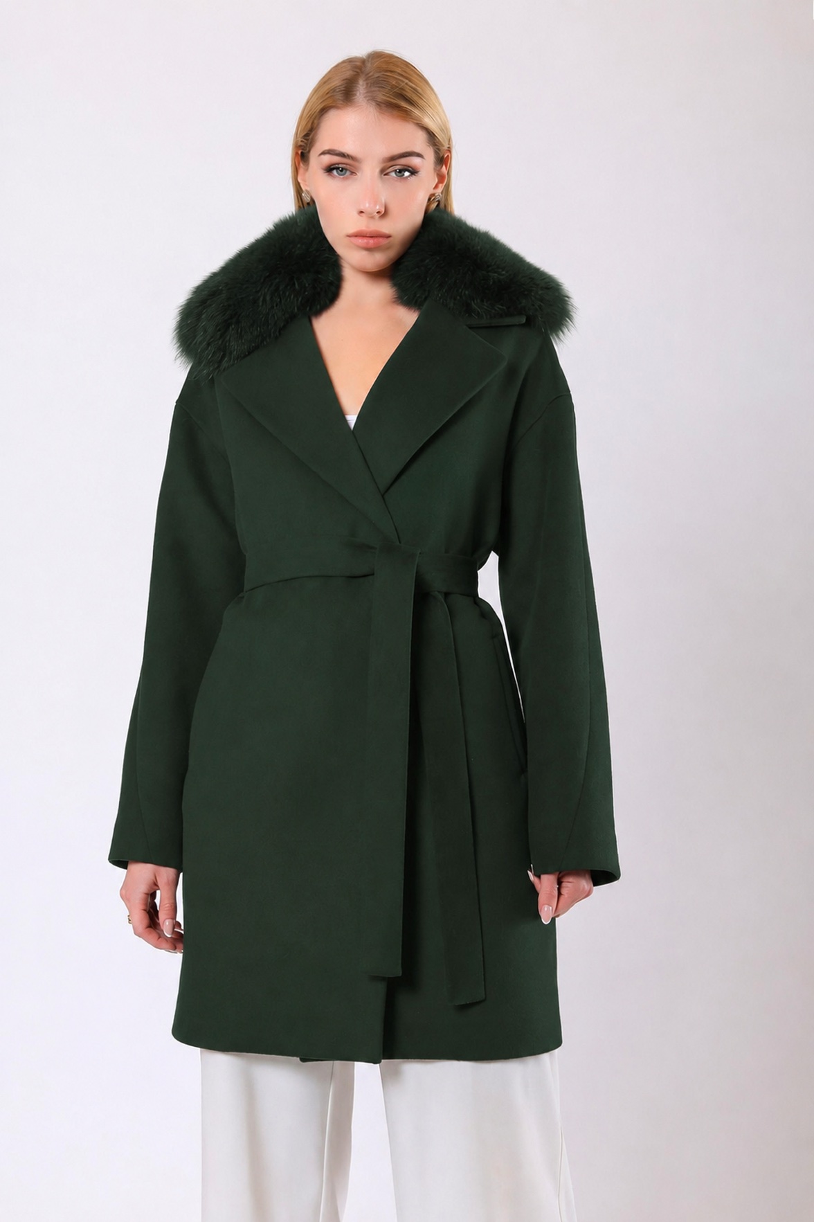 Groene Miranda kaschmier mantel met bontafwerking, LC Leather Club