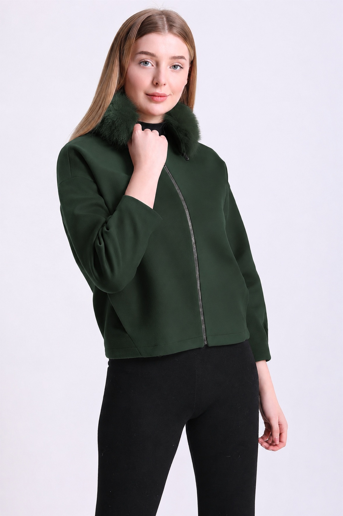 Veste en cachemire vert avec fitures en renard, LC Leather Club