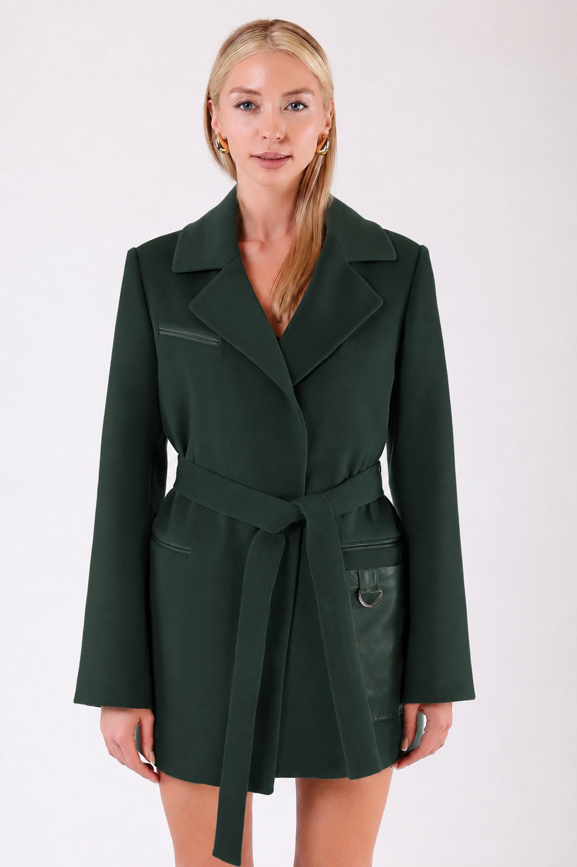 Smaragdgroene kasjmiermantel met leren afwerking, LC Leather Club