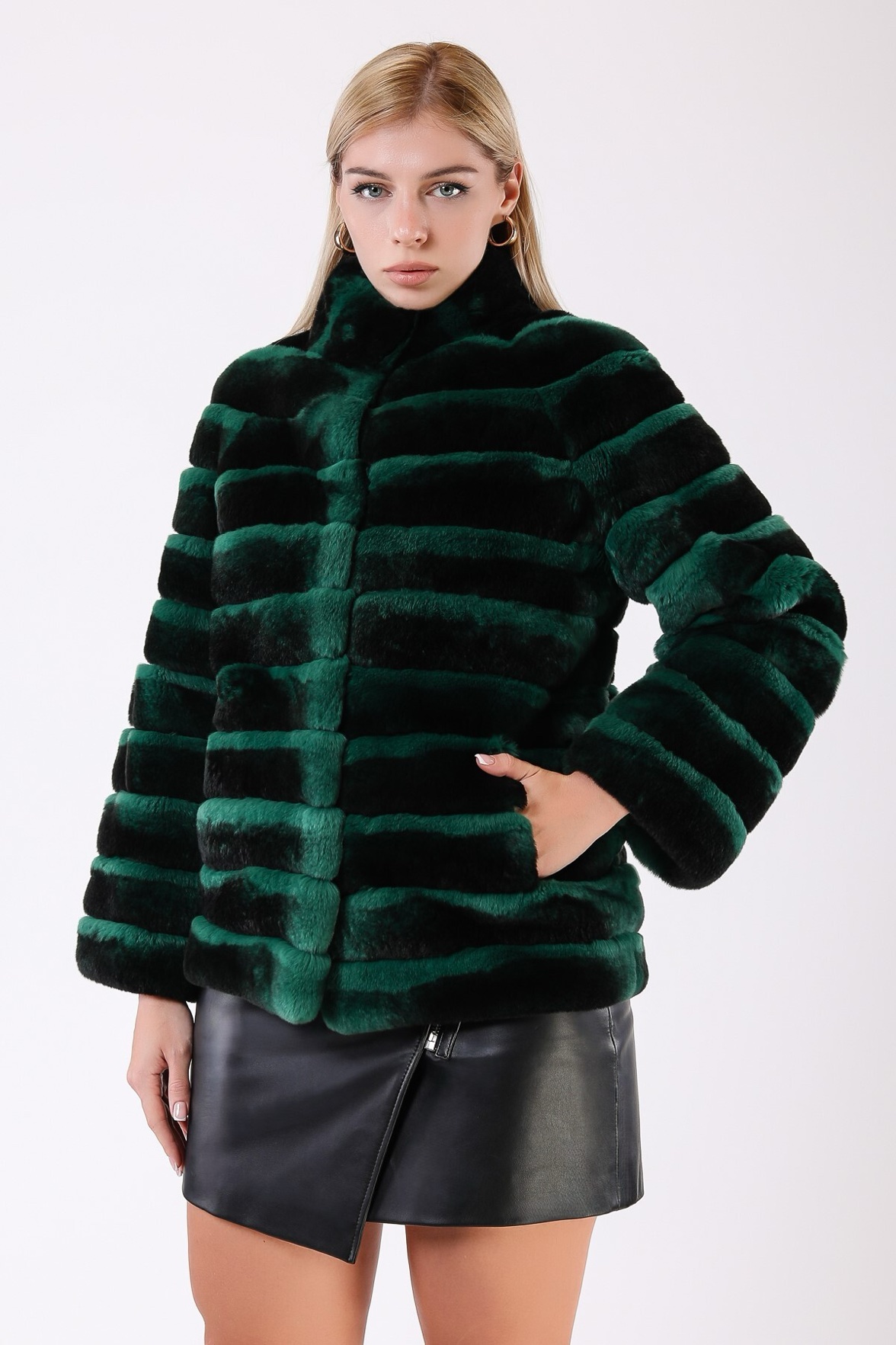 Szmaragdowozielony płaszcz z królika rex, LC Leather Club