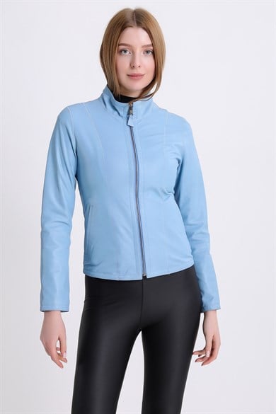 Veste en cuir bleu clair à motifs réversible