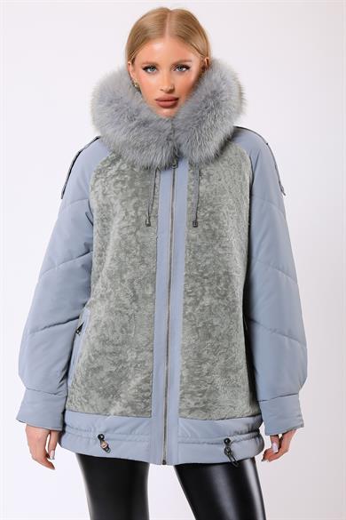 Doudoune Taylor en laine bleu clair avec garniture en fourrure