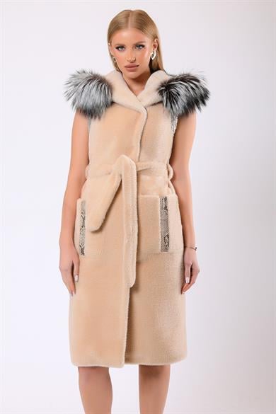 Manteau Angelina en laine beige avec garniture en fourrure