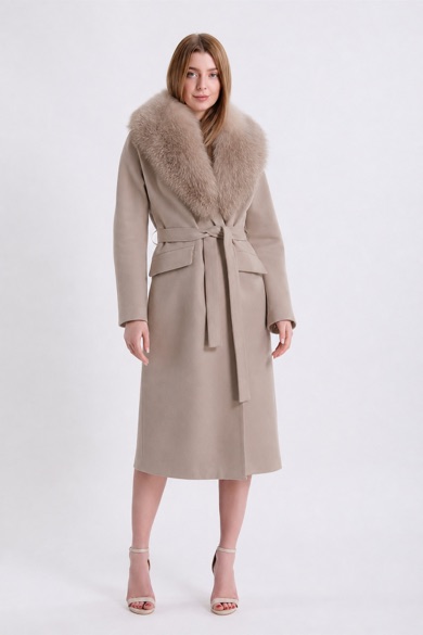 Manteau en cachemire Arjante beige avec fitures en renard