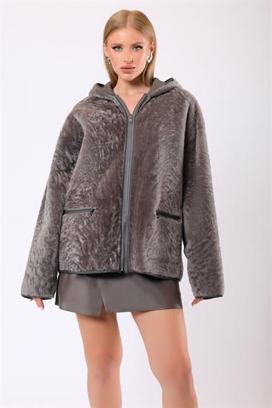 Manteau Camila en cuir et fourrure réversible beige