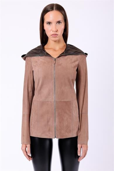 Manteau en daim beige réversible à capuche
