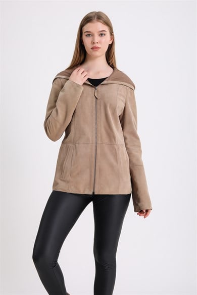 Manteau réversible daim cuir beige à capuche