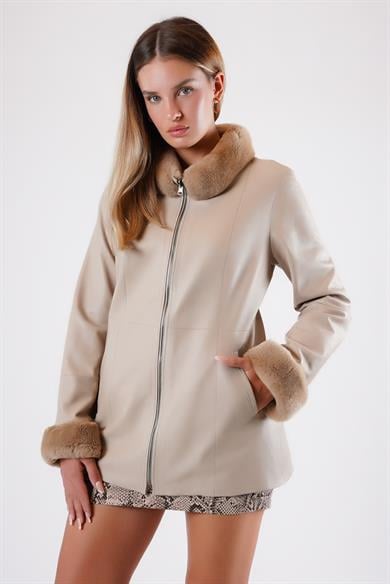 Veste en cuir beige réversible avec garniture fourrure Rex