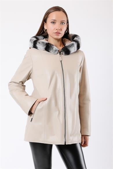 Manteau en fourrure de rex beige réversible avec garniture en cuir authentique