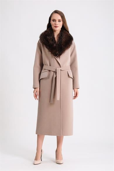 Manteau en cachemire beige marron avec garniture en fourrure de renard
