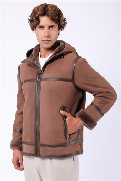 Manteau en daim beige doublé fourrure de renard