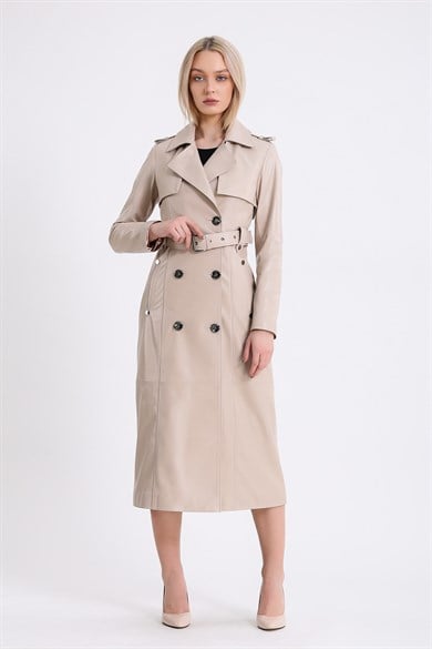 Trench-manteau en peau d'agneau beige