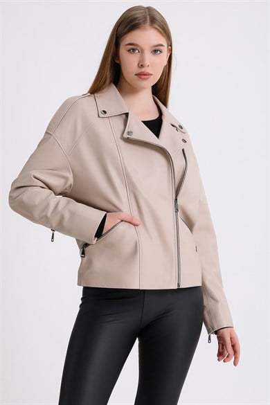 Veste en cuir beige oversized
