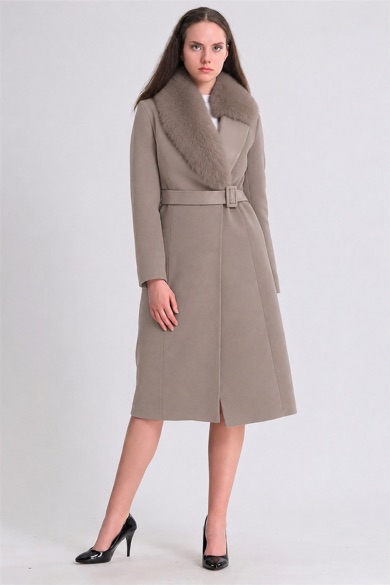 Manteau en cachemire beige avec finitions en fourrure de renard et montone