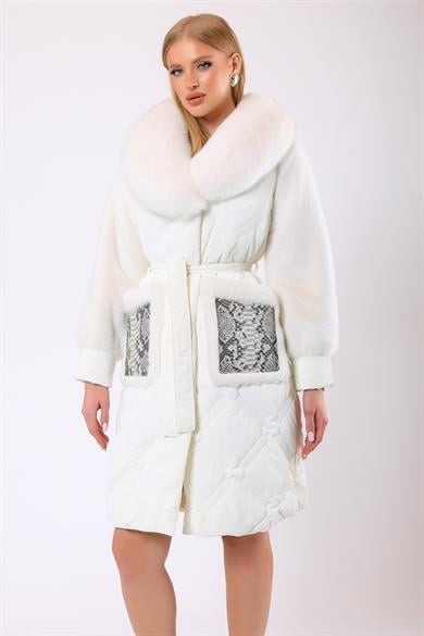 Doudoune Alexandra en laine blanc avec garniture en fourrure