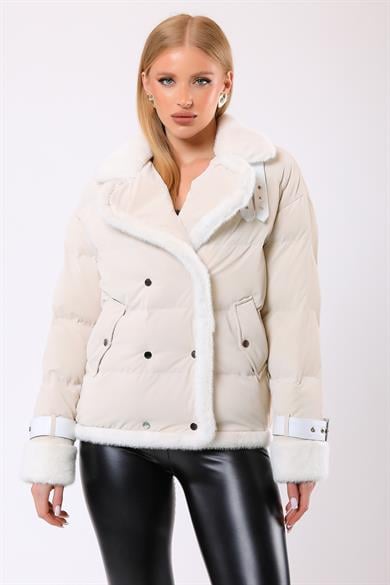Manteau puffer blanc Ariana avec détail fourrure