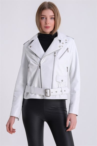 Veste en cuir blanc style biker
