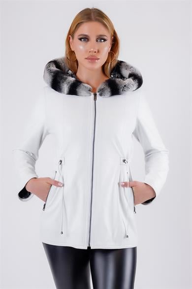 Veste en cuir blanc réversible avec garniture fourrure Rex