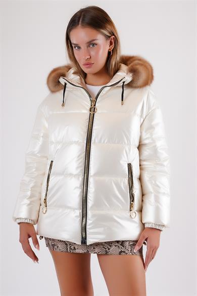 Doudoune blanche Glam avec garniture fourrure