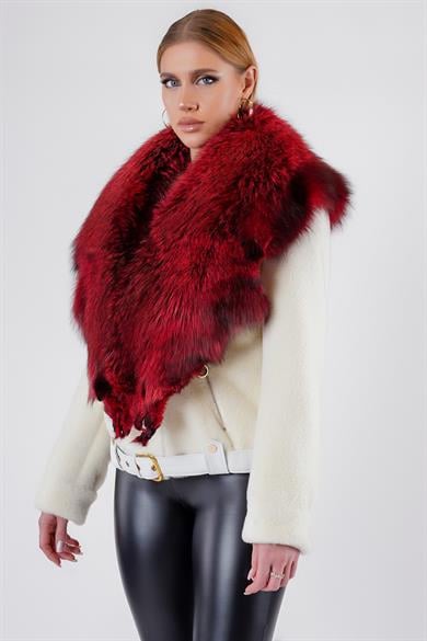 Manteau en laine blanc-rouge avec garniture renard
