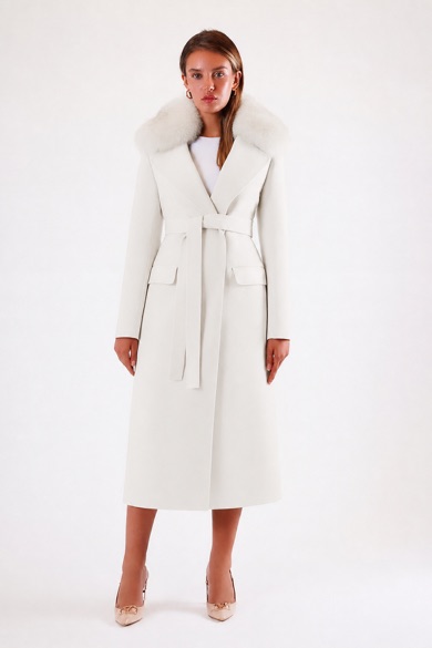 Manteau en cachemire blanc avec garniture en fourrure