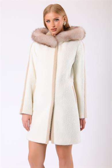Manteau Maria en laine blanc avec garniture en fourrure