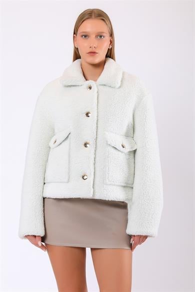 Manteau en laine et fourrure blanc Naomi